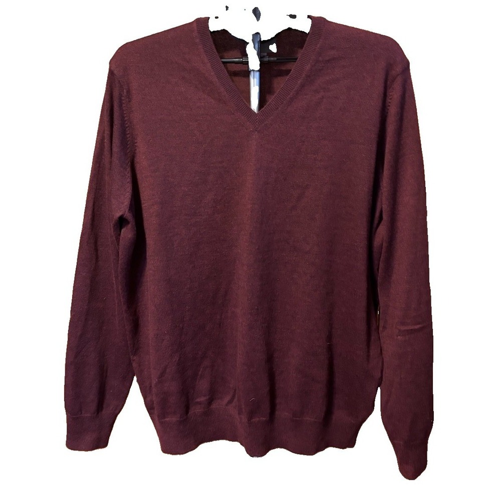Thomas Dean Mens XL Burgundy Red Merino Wool Blend V Neck Sweater Classic Preppy